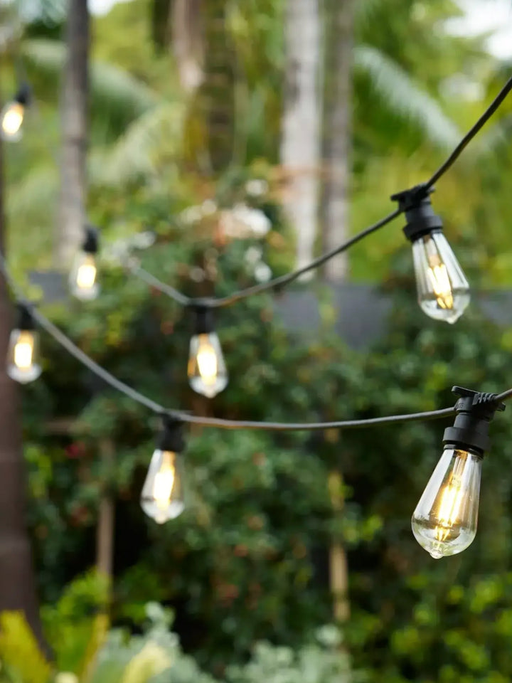 Outdoor string lights with clear glass bulb sockets and warm glowing filaments, suspended on black cords against a blurred tropical garden background.