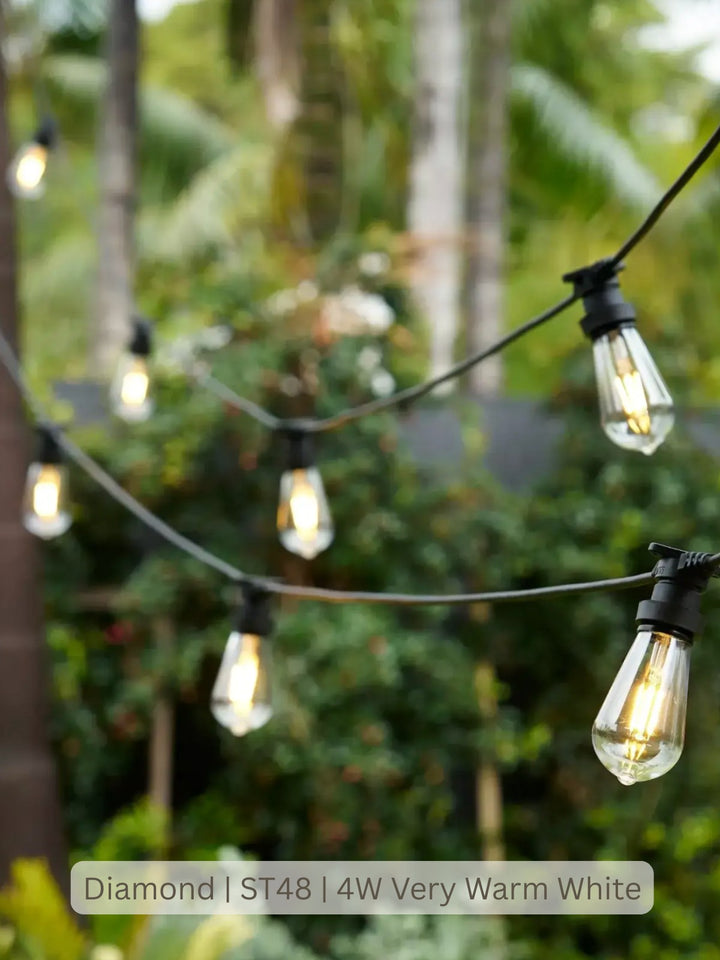 Outdoor string lights with clear glass bulbs and black sockets hanging on a black wire, shown against a blurred tropical garden background. Text overlay at the bottom reads &