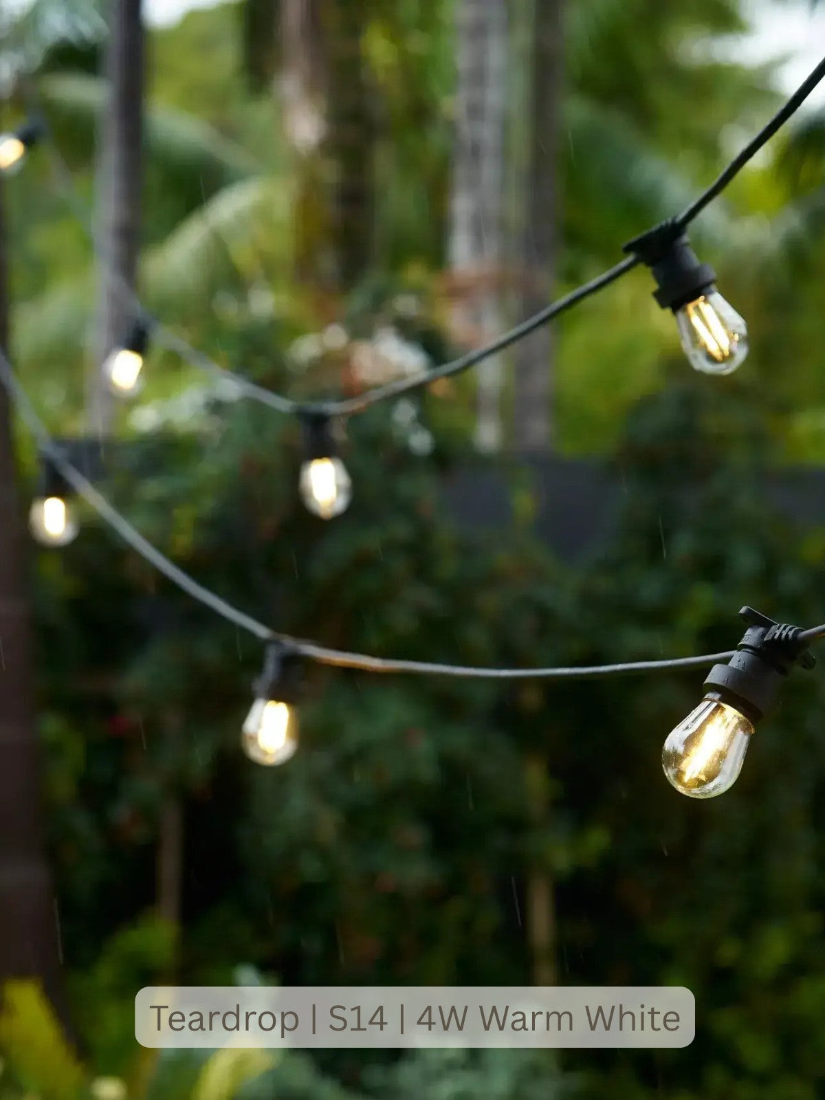 Outdoor string lights with clear glass teardrop-shaped bulbs on a black cord, shown in a garden setting with warm white glow. Text overlay at the bottom reads 'Teardrop | S14 | 4W Warm White'.