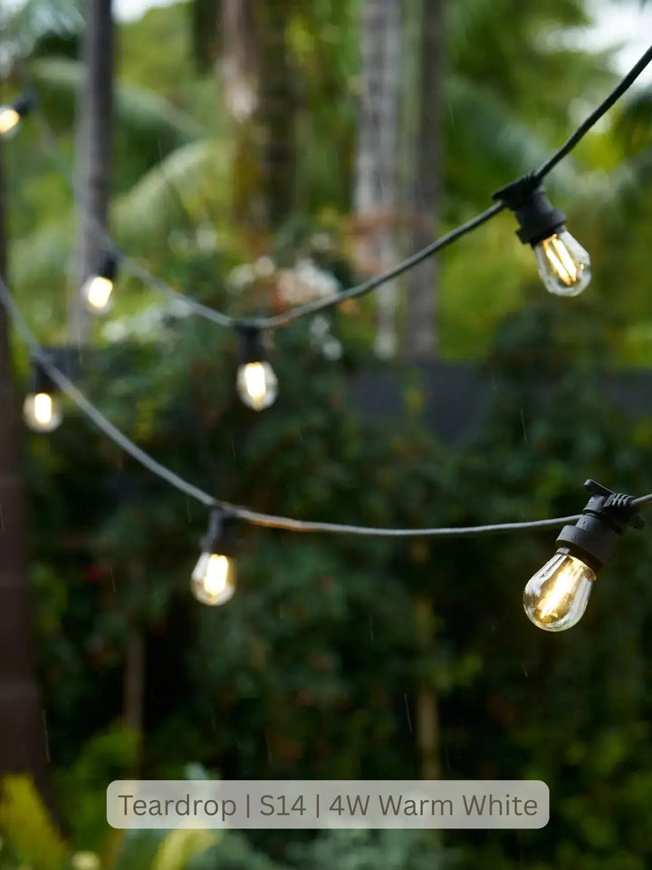 Outdoor string lights with clear glass teardrop-shaped bulbs on a black cord, shown in a garden setting with warm white glow. Text overlay at the bottom reads &