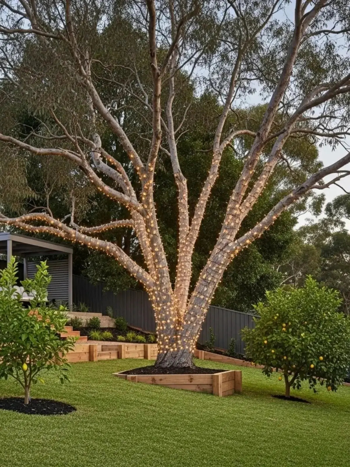 Tree with fairy string lights in a garden setting